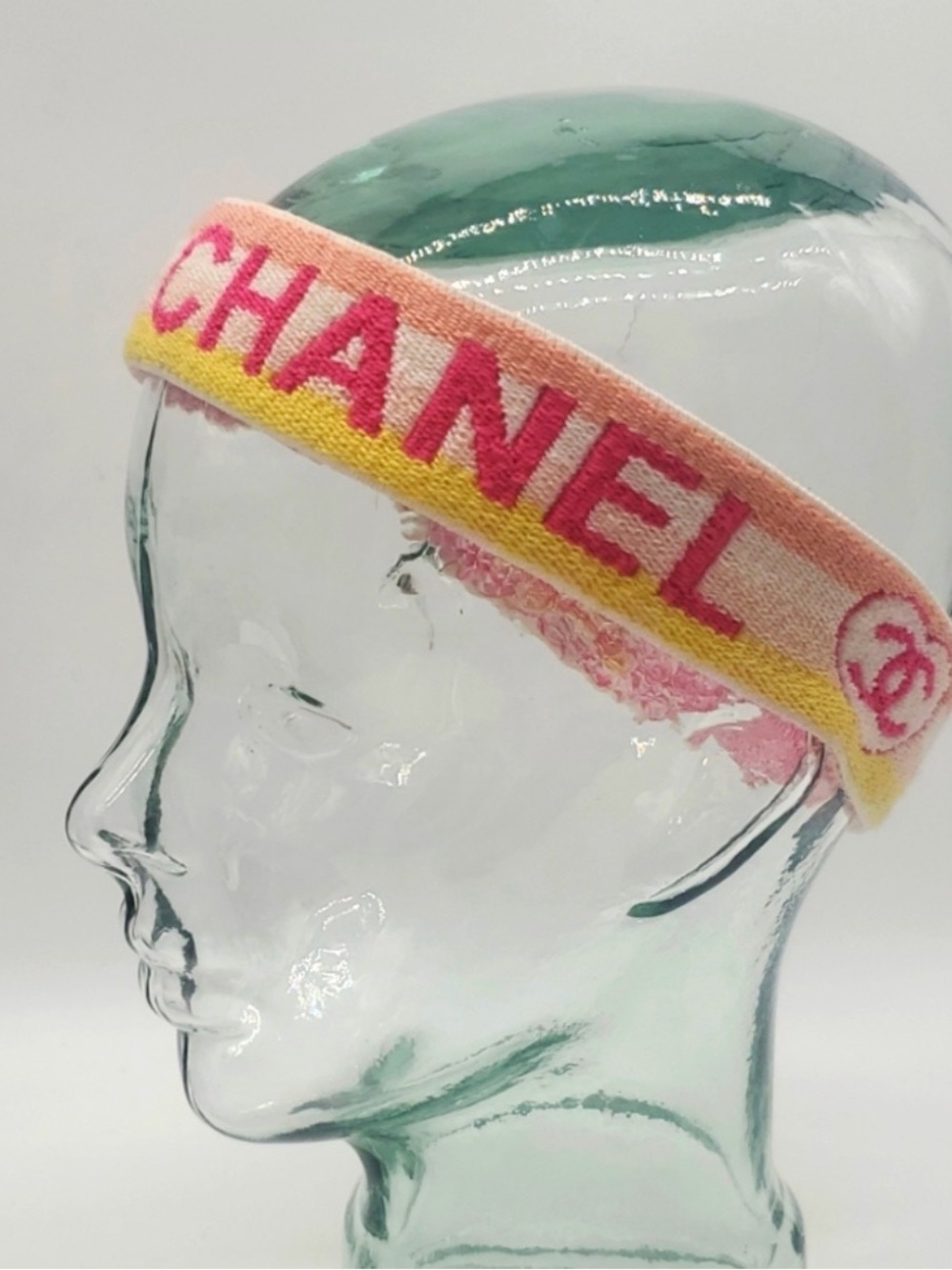CHANEL Pink and Yellow Logo Knit Headband with Double-C